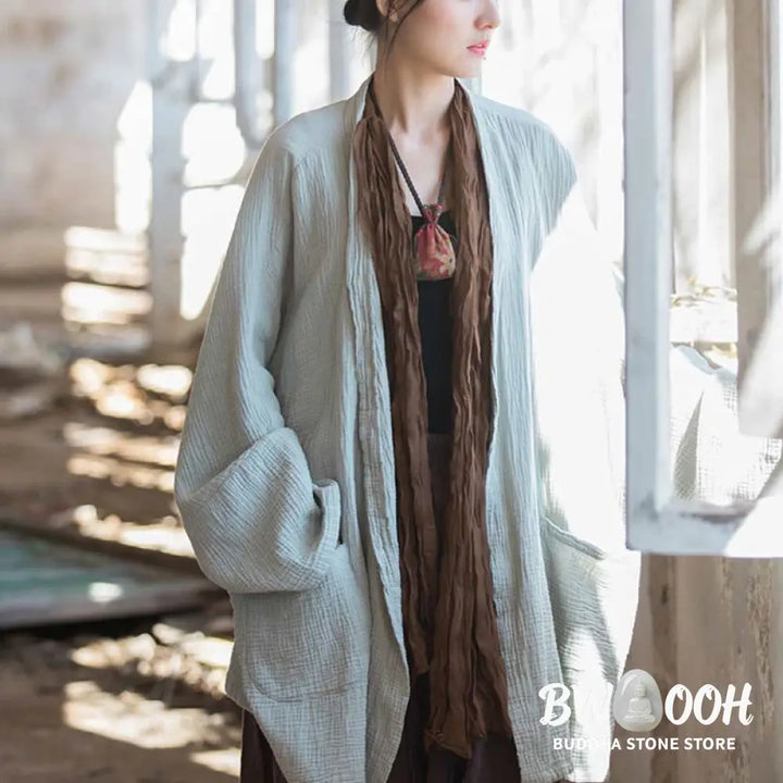 Buddha Stones Plain Design Long Sleeve Coat Zen Meditation Open Front Top Cotton Jacket - Coat