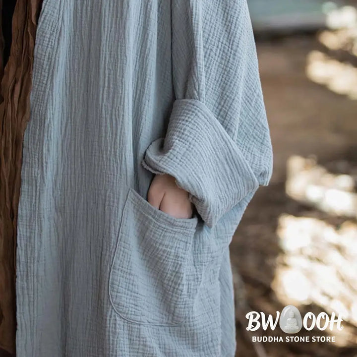 Buddha Stones Plain Design Long Sleeve Coat Zen Meditation Open Front Top Cotton Jacket - Coat
