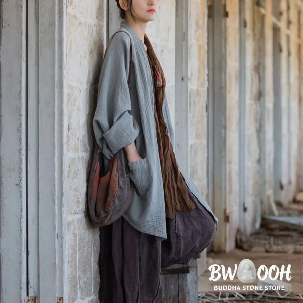 Buddha Stones Plain Design Long Sleeve Coat Zen Meditation Open Front Top Cotton Jacket - Coat
