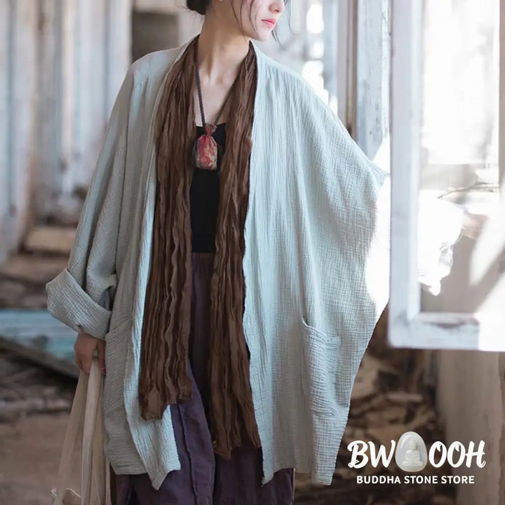 Buddha Stones Plain Design Long Sleeve Coat Zen Meditation Open Front Top Cotton Jacket - Coat