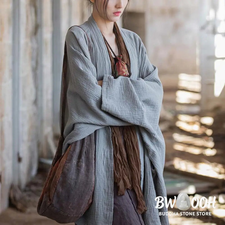 Buddha Stones Plain Design Long Sleeve Coat Zen Meditation Open Front Top Cotton Jacket - Coat