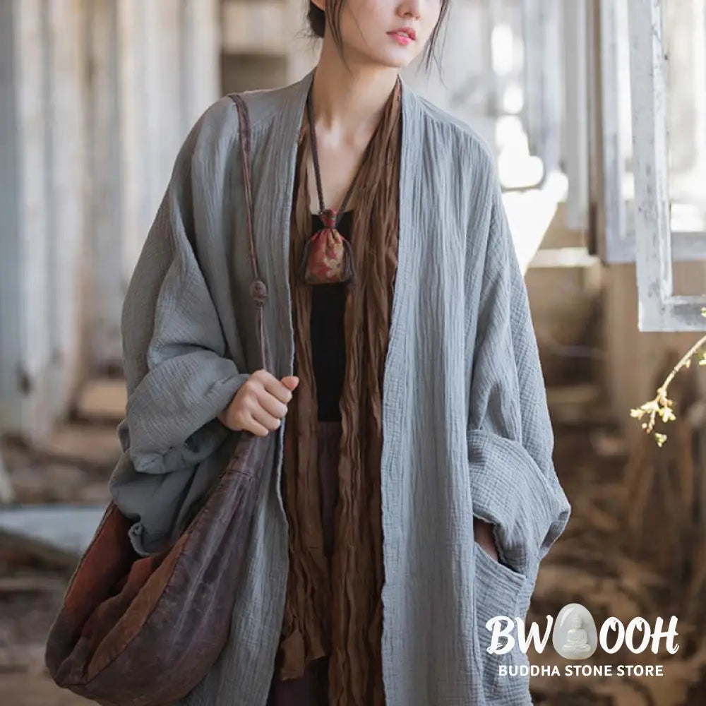 Buddha Stones Plain Design Long Sleeve Coat Zen Meditation Open Front Top Cotton Jacket - Coat