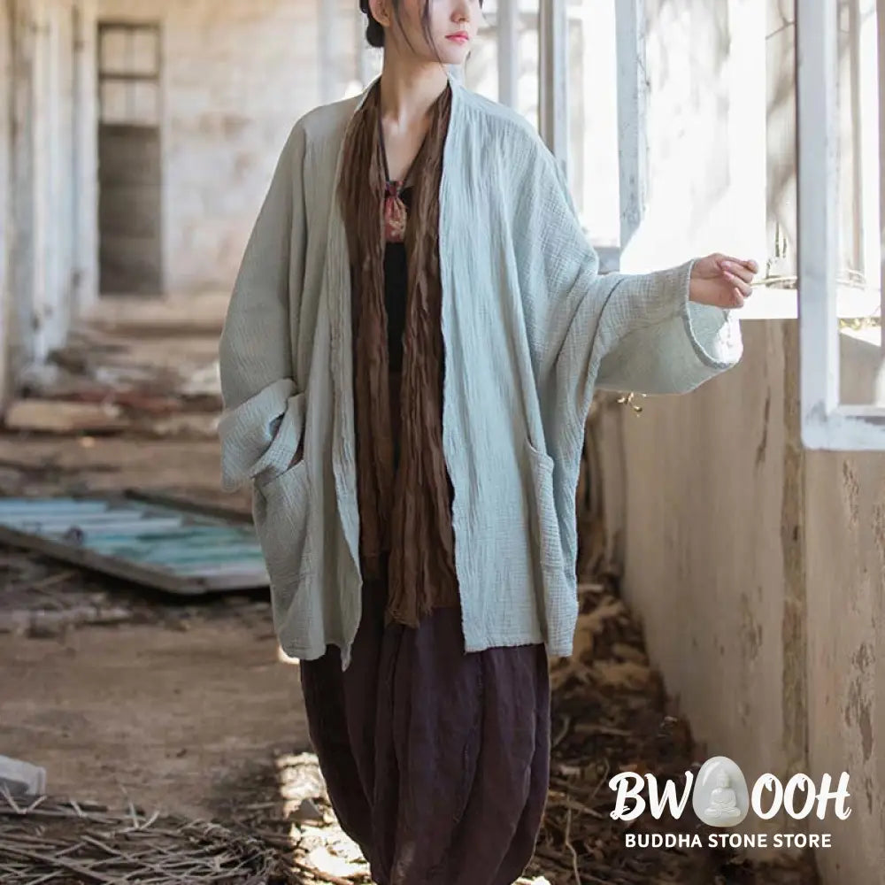 Buddha Stones Plain Design Long Sleeve Coat Zen Meditation Open Front Top Cotton Jacket - Coat