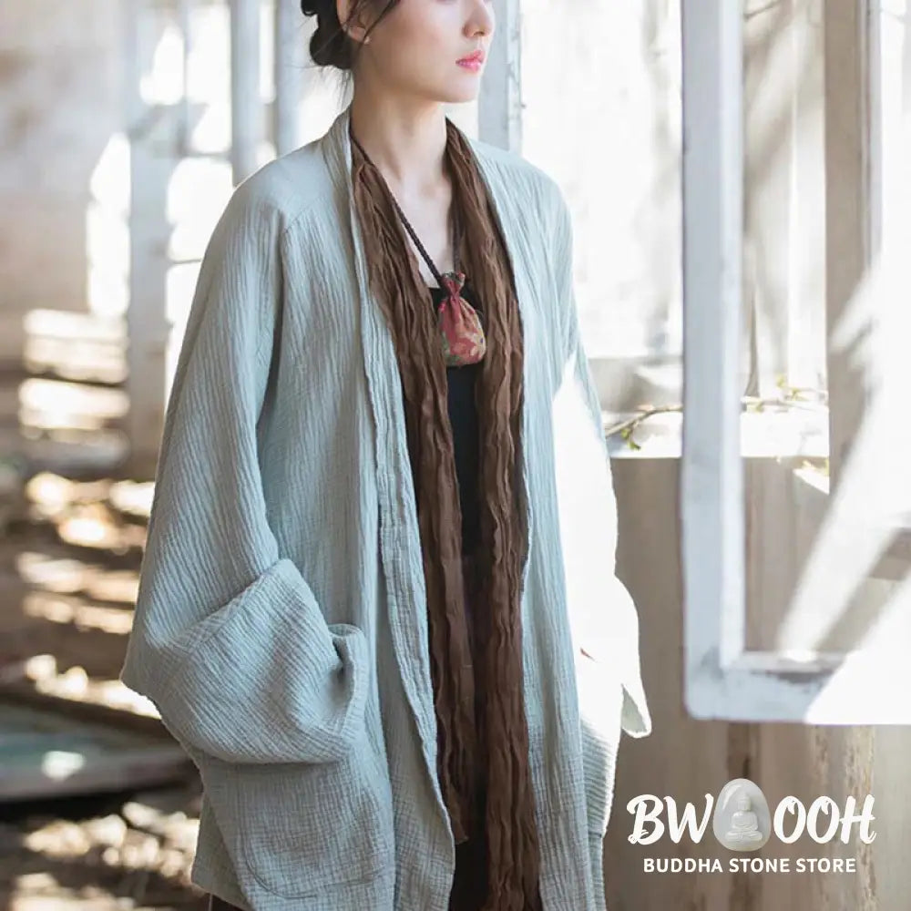 Buddha Stones Plain Design Long Sleeve Coat Zen Meditation Open Front Top Cotton Jacket - Coat