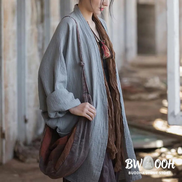 Buddha Stones Plain Design Long Sleeve Coat Zen Meditation Open Front Top Cotton Jacket - Coat