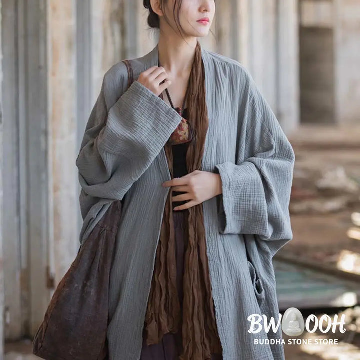 Buddha Stones Plain Design Long Sleeve Coat Zen Meditation Open Front Top Cotton Jacket - Coat