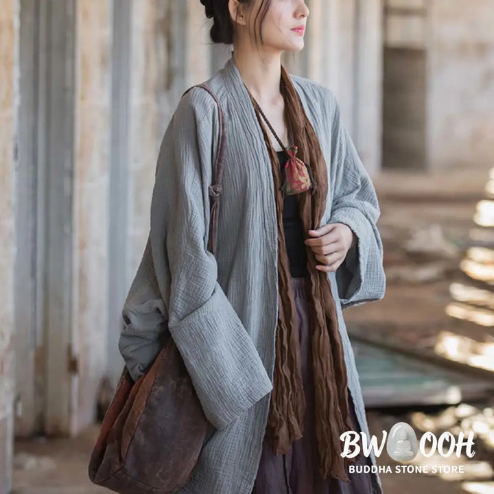 Buddha Stones Plain Design Long Sleeve Coat Zen Meditation Open Front Top Cotton Jacket - Coat