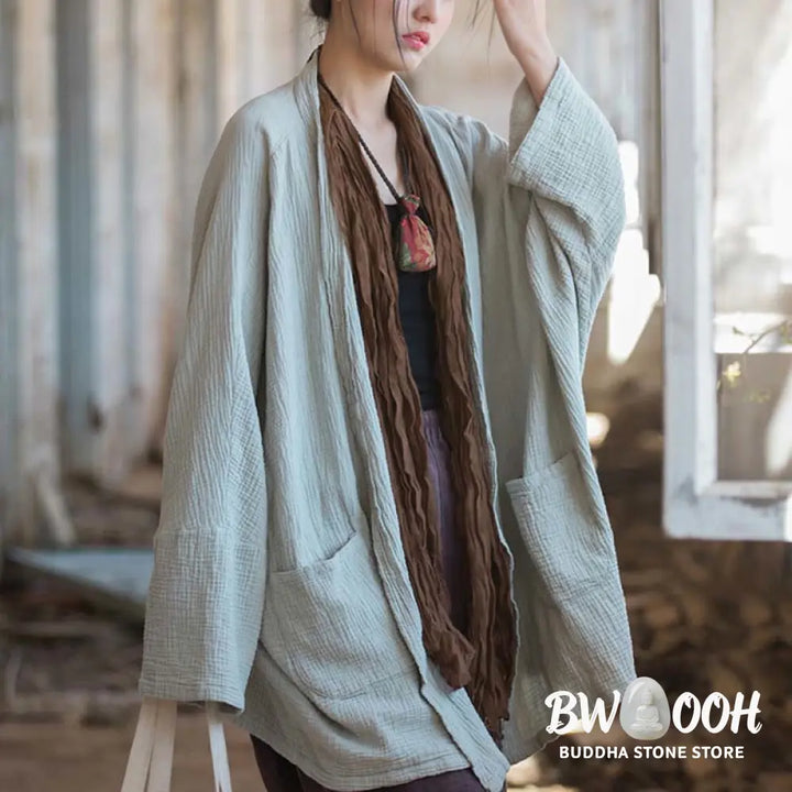 Buddha Stones Plain Design Long Sleeve Coat Zen Meditation Open Front Top Cotton Jacket - Coat