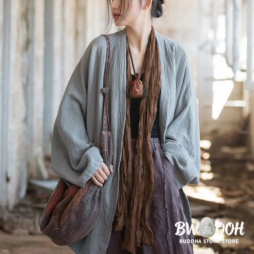 Buddha Stones Plain Design Long Sleeve Coat Zen Meditation Open Front Top Cotton Jacket - Coat