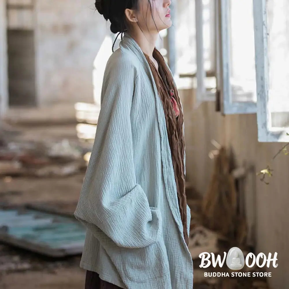 Buddha Stones Plain Design Long Sleeve Coat Zen Meditation Open Front Top Cotton Jacket - Coat