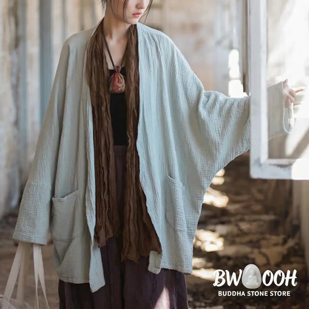 Buddha Stones Plain Design Long Sleeve Coat Zen Meditation Open Front Top Cotton Jacket - Coat