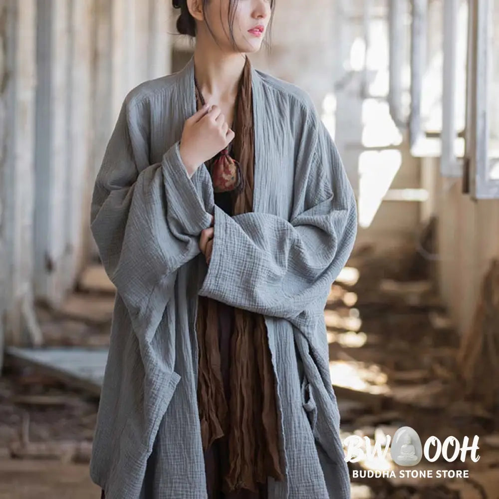 Buddha Stones Plain Design Long Sleeve Coat Zen Meditation Open Front Top Cotton Jacket - Coat