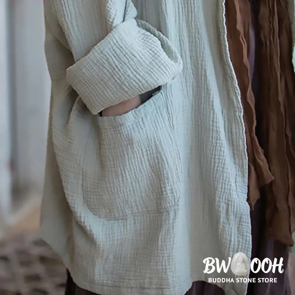 Buddha Stones Plain Design Long Sleeve Coat Zen Meditation Open Front Top Cotton Jacket - Coat