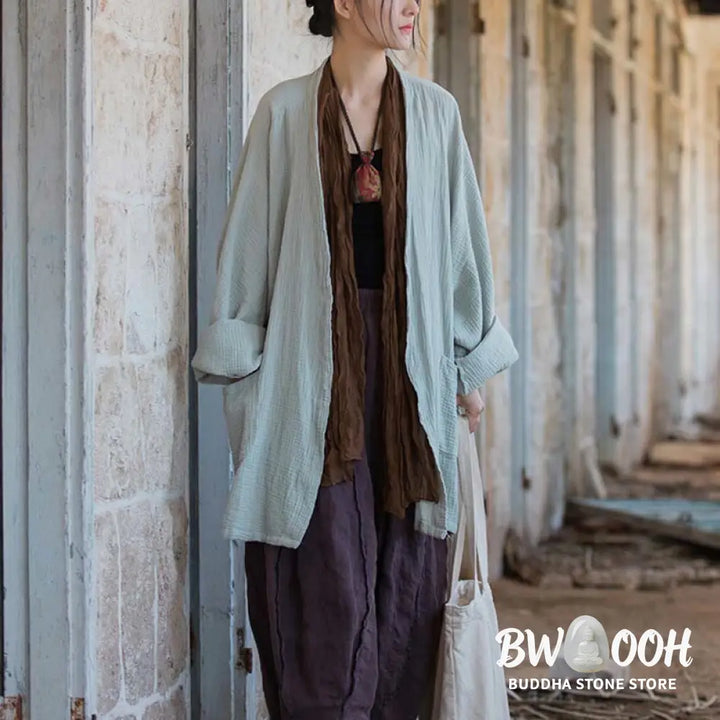 Buddha Stones Plain Design Long Sleeve Coat Zen Meditation Open Front Top Cotton Jacket - Coat