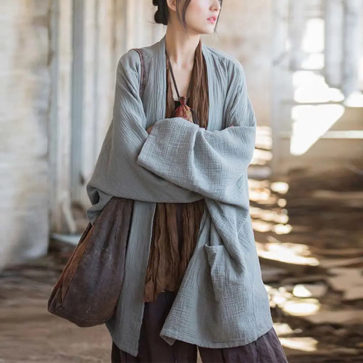 Buddha Stones Plain Design Long Sleeve Coat Zen Meditation Open Front Top Cotton Jacket - Gray(Bust 192cm)(Top Only)