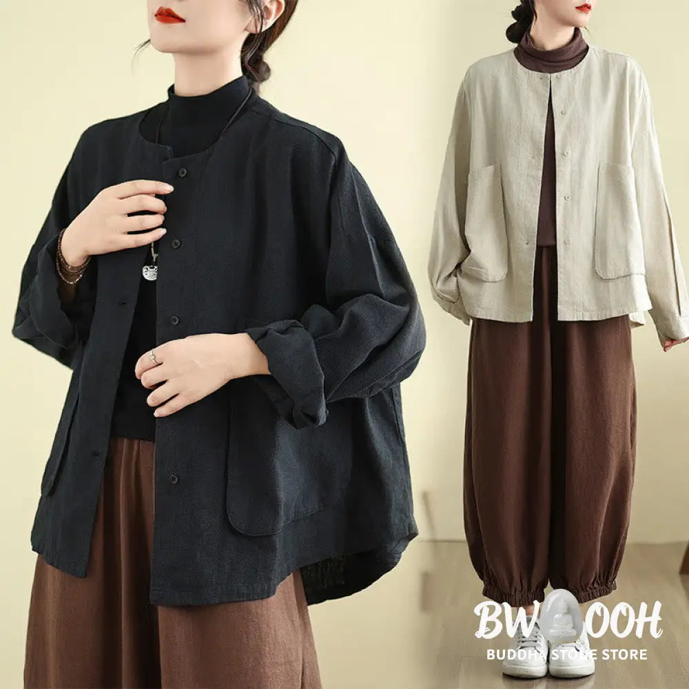 Buddha Stones Plain Design Long Sleeve Women’s Cotton Linen Jacket With Pockets - Women’s Jacket
