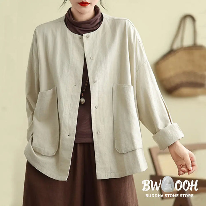 Buddha Stones Plain Design Long Sleeve Women’s Cotton Linen Jacket With Pockets - Women’s Jacket