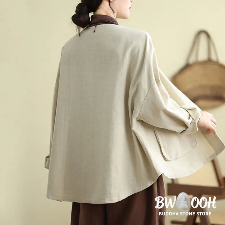Buddha Stones Plain Design Long Sleeve Women’s Cotton Linen Jacket With Pockets - Women’s Jacket