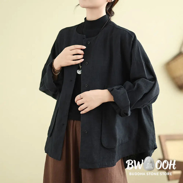 Buddha Stones Plain Design Long Sleeve Women’s Cotton Linen Jacket With Pockets - Women’s Jacket