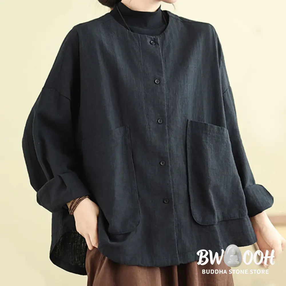 Buddha Stones Plain Design Long Sleeve Women’s Cotton Linen Jacket With Pockets - Women’s Jacket