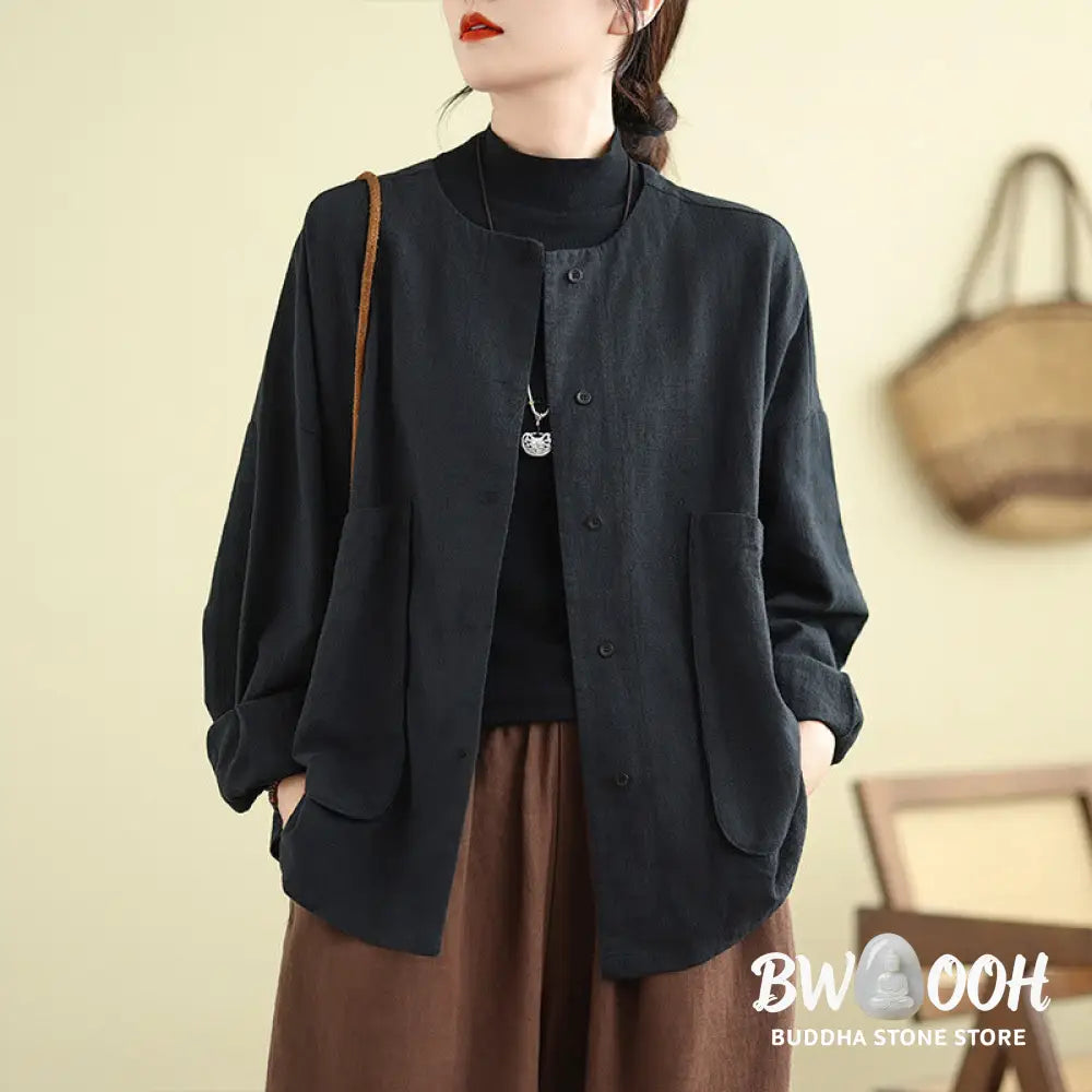 Buddha Stones Plain Design Long Sleeve Women’s Cotton Linen Jacket With Pockets - Women’s Jacket