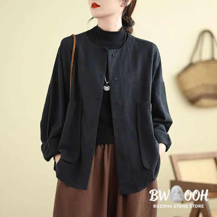 Buddha Stones Plain Design Long Sleeve Women’s Cotton Linen Jacket With Pockets - Women’s Jacket