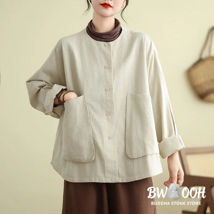 Buddha Stones Plain Design Long Sleeve Women’s Cotton Linen Jacket With Pockets - Women’s Jacket