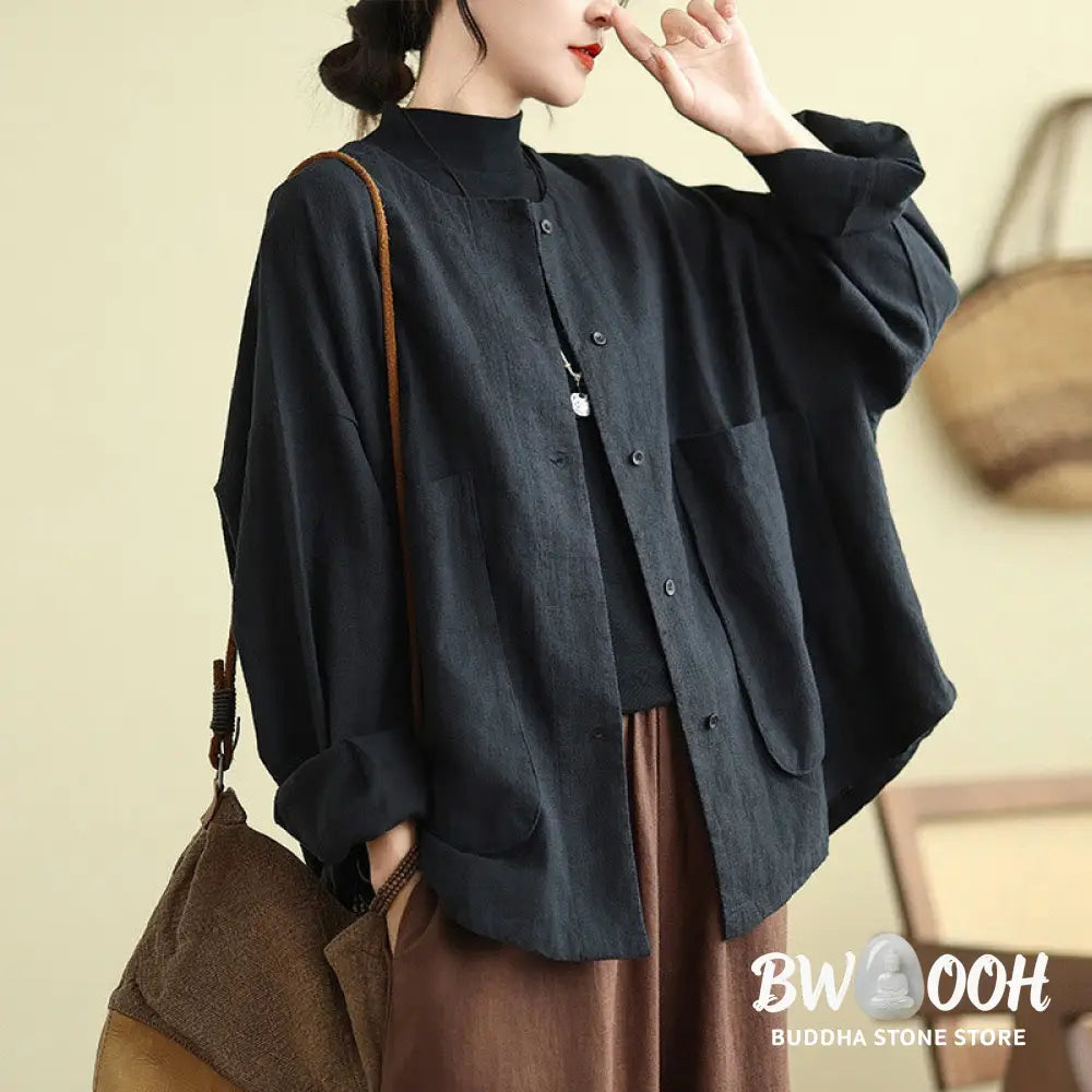 Buddha Stones Plain Design Long Sleeve Women’s Cotton Linen Jacket With Pockets - Women’s Jacket