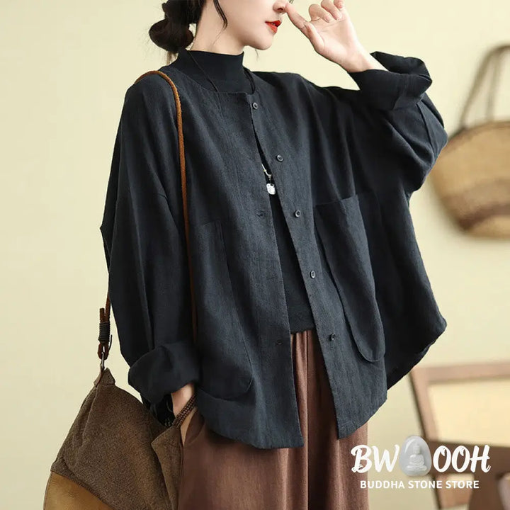 Buddha Stones Plain Design Long Sleeve Women’s Cotton Linen Jacket With Pockets - Women’s Jacket