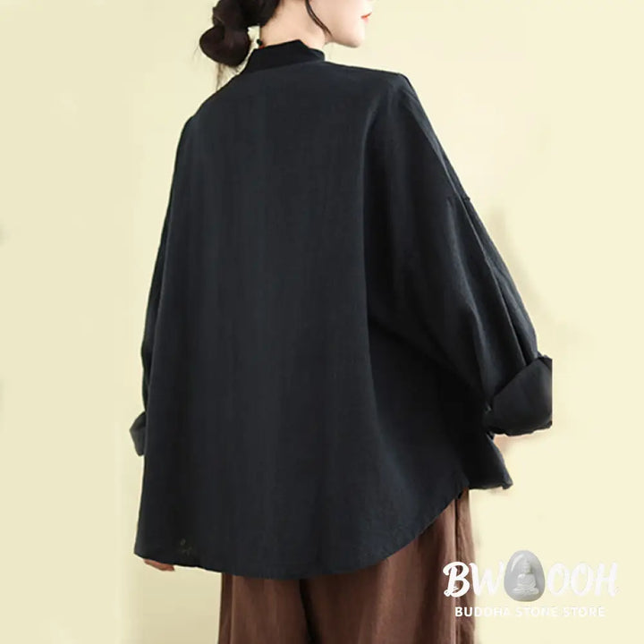 Buddha Stones Plain Design Long Sleeve Women’s Cotton Linen Jacket With Pockets - Women’s Jacket