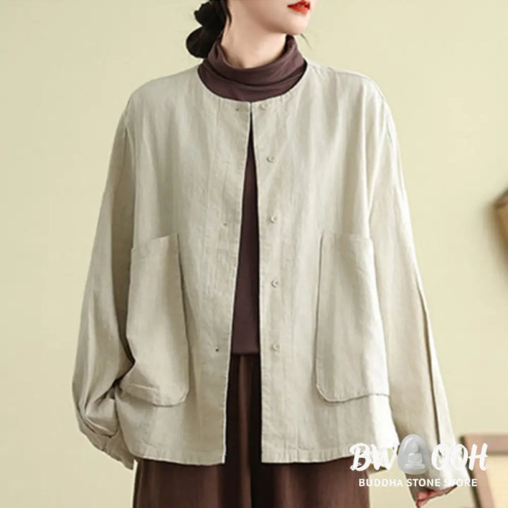 Buddha Stones Plain Design Long Sleeve Women’s Cotton Linen Jacket With Pockets - Women’s Jacket