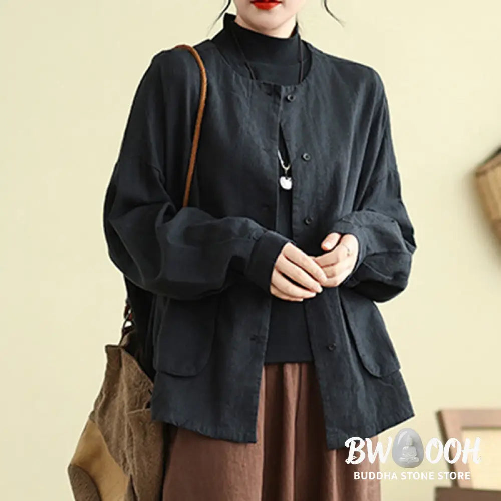 Buddha Stones Plain Design Long Sleeve Women’s Cotton Linen Jacket With Pockets - Women’s Jacket
