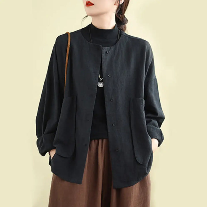 Buddha Stones Plain Design Long Sleeve Women’s Cotton Linen Jacket With Pockets - Black / US6，UK/AU10，EU38 (M)