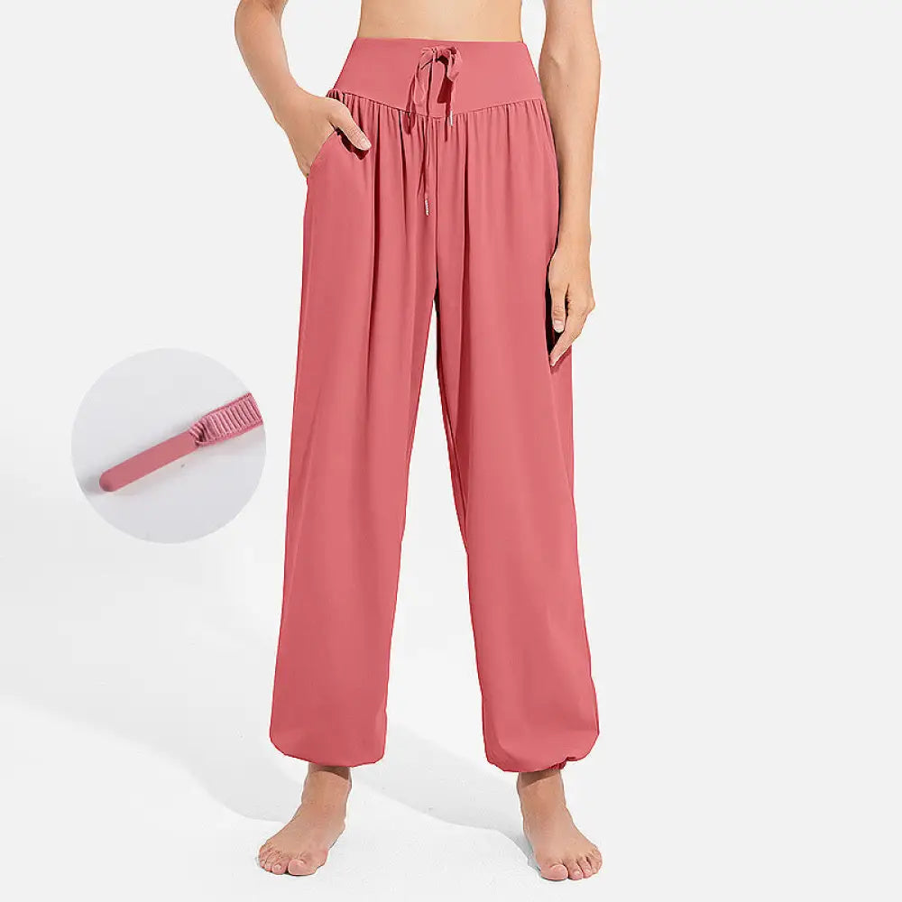 Buddha Stones Plain Drawstring Elastic Waist Design Women’s Harem Pants Sports Yoga Sweatpants With Pockets - Salmon