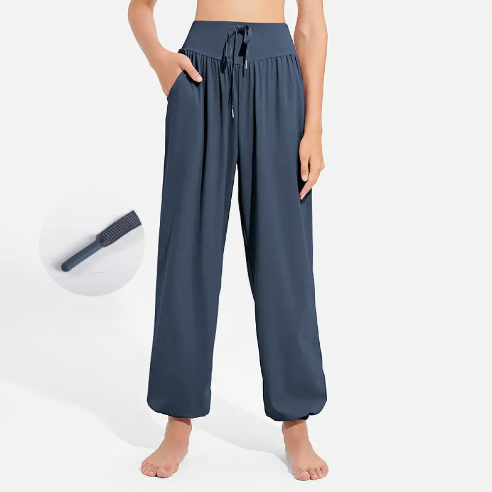 Buddha Stones Plain Drawstring Elastic Waist Design Women’s Harem Pants Sports Yoga Sweatpants With Pockets - SteelBlue