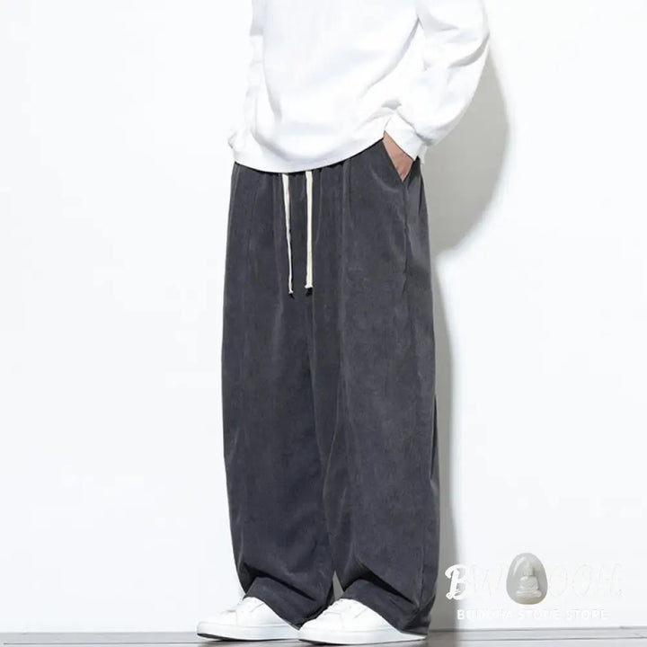 Buddha Stones Plain Drawstring Pure Cotton Corduroy Men’s Harem Pants With Pockets - Men’s Harem Pants