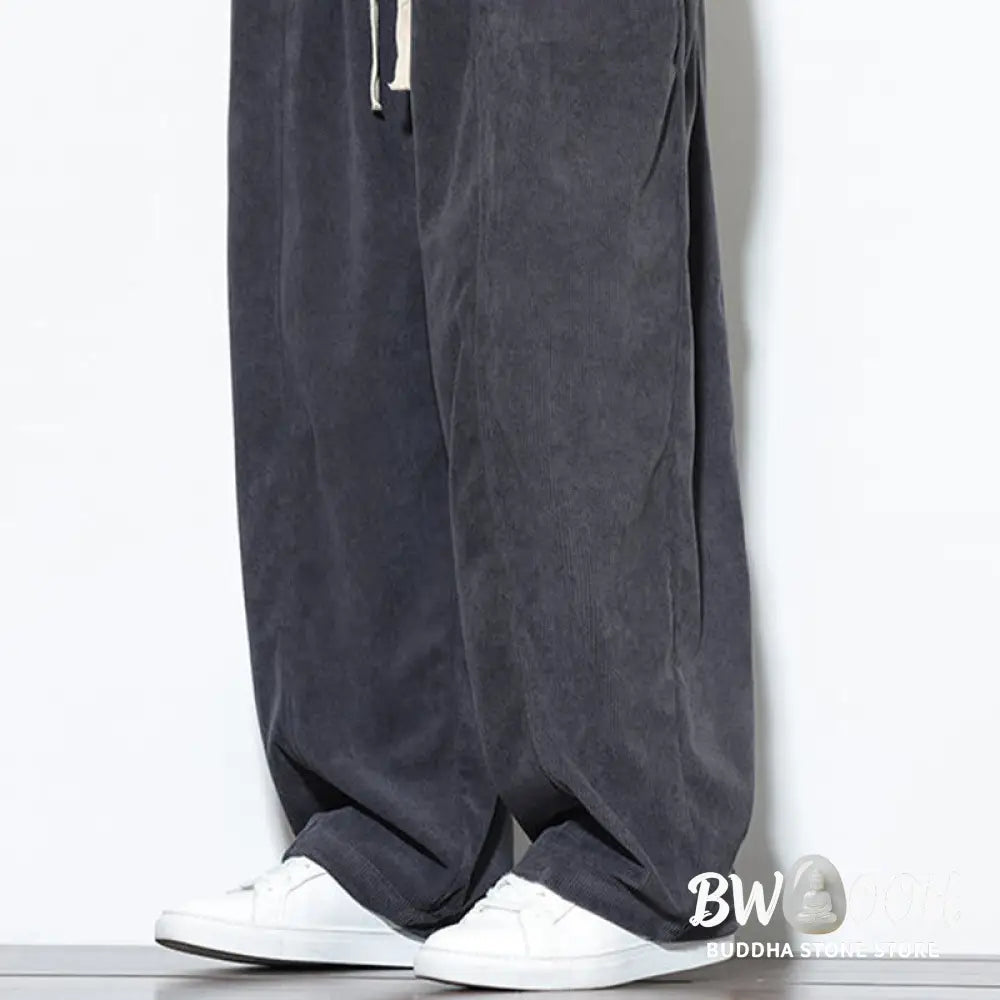 Buddha Stones Plain Drawstring Pure Cotton Corduroy Men’s Harem Pants With Pockets - Men’s Harem Pants