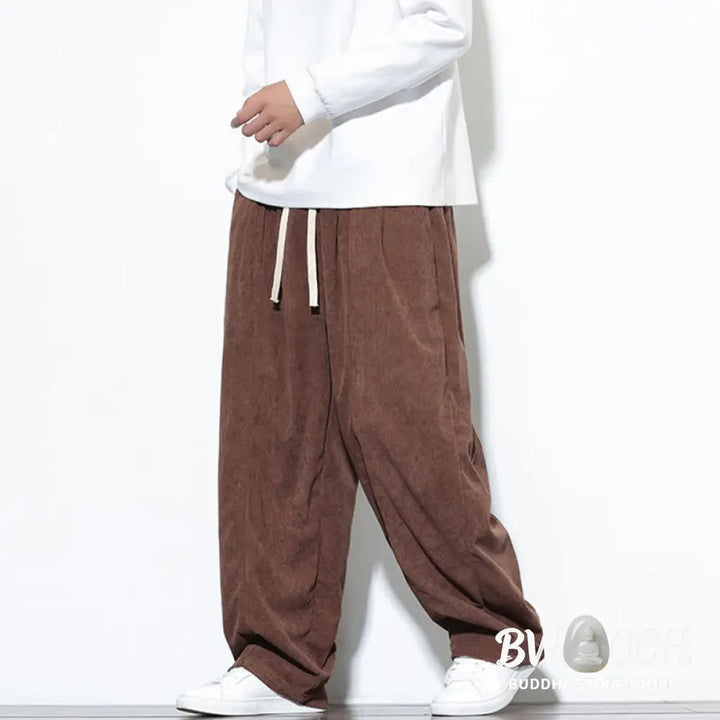 Buddha Stones Plain Drawstring Pure Cotton Corduroy Men’s Harem Pants With Pockets - Men’s Harem Pants