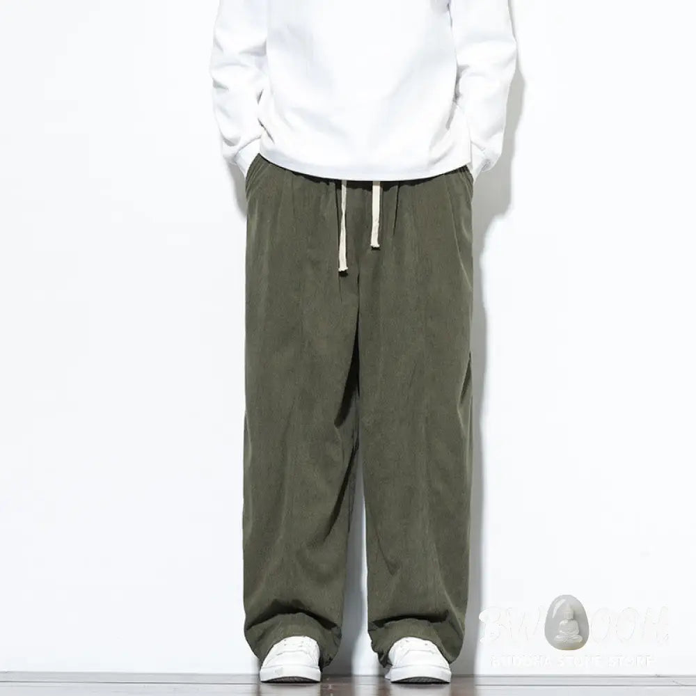 Buddha Stones Plain Drawstring Pure Cotton Corduroy Men’s Harem Pants With Pockets - Men’s Harem Pants