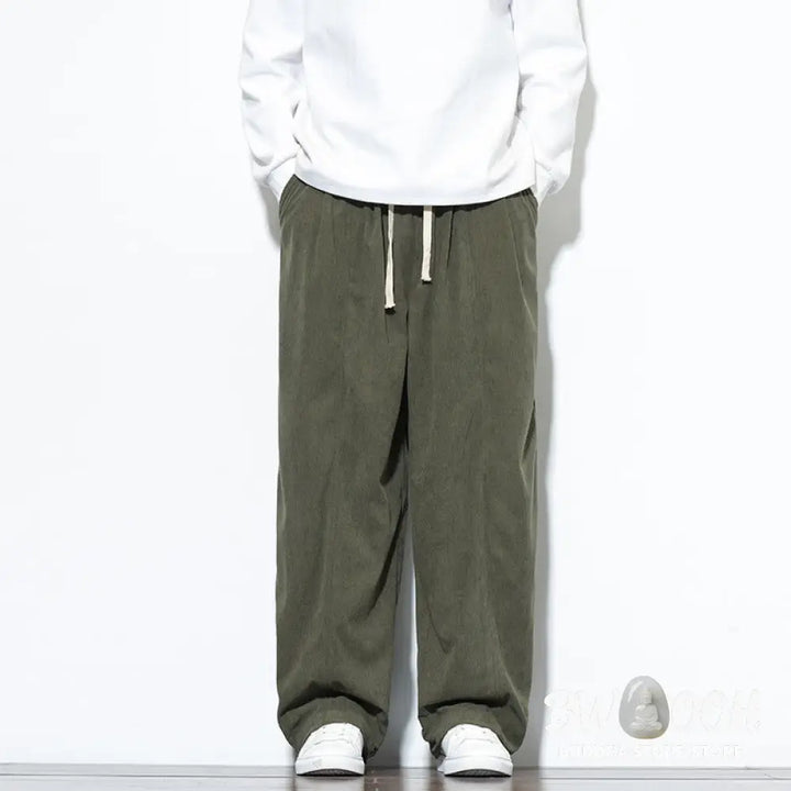 Buddha Stones Plain Drawstring Pure Cotton Corduroy Men’s Harem Pants With Pockets - Men’s Harem Pants