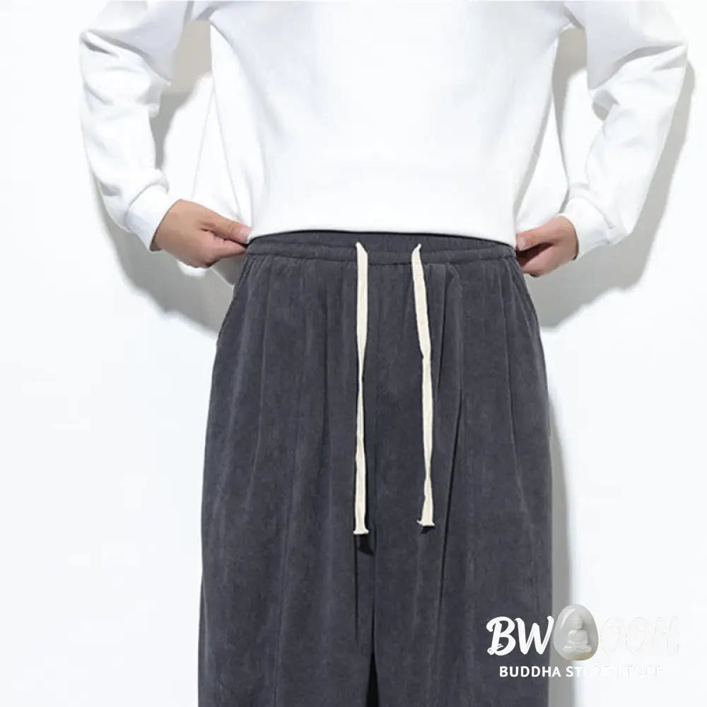 Buddha Stones Plain Drawstring Pure Cotton Corduroy Men’s Harem Pants With Pockets - Men’s Harem Pants