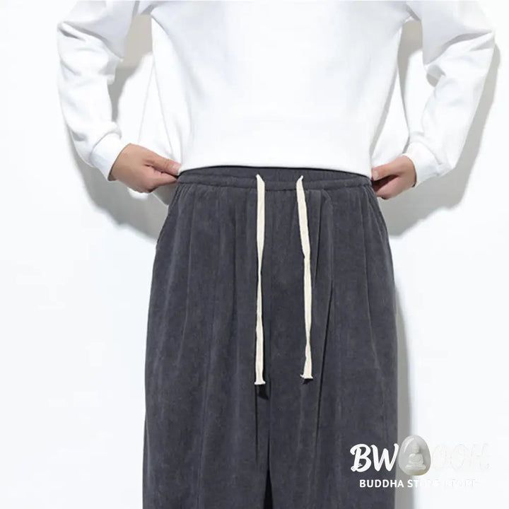 Buddha Stones Plain Drawstring Pure Cotton Corduroy Men’s Harem Pants With Pockets - Men’s Harem Pants
