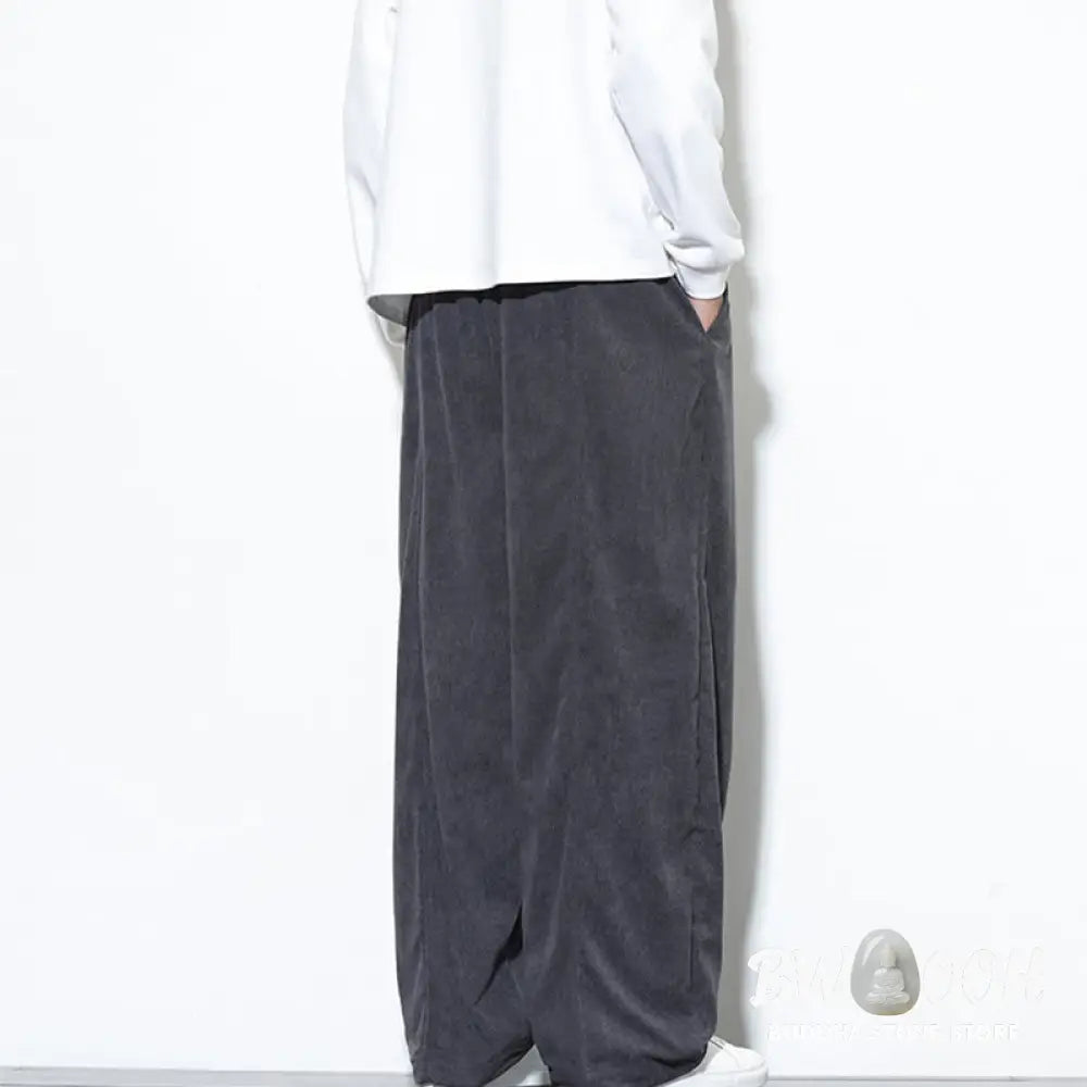 Buddha Stones Plain Drawstring Pure Cotton Corduroy Men’s Harem Pants With Pockets - Men’s Harem Pants