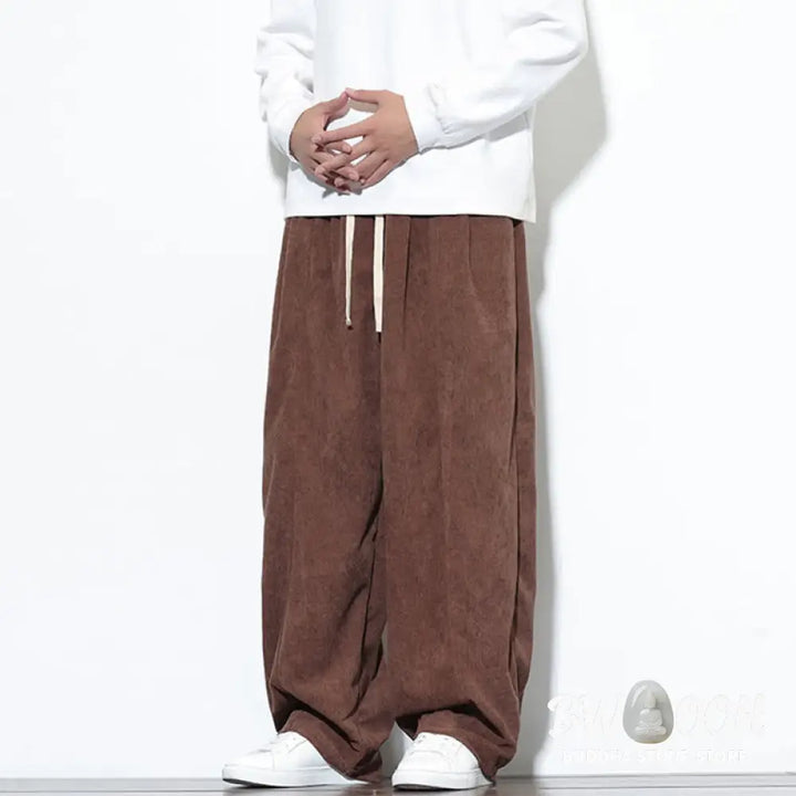 Buddha Stones Plain Drawstring Pure Cotton Corduroy Men’s Harem Pants With Pockets - Men’s Harem Pants