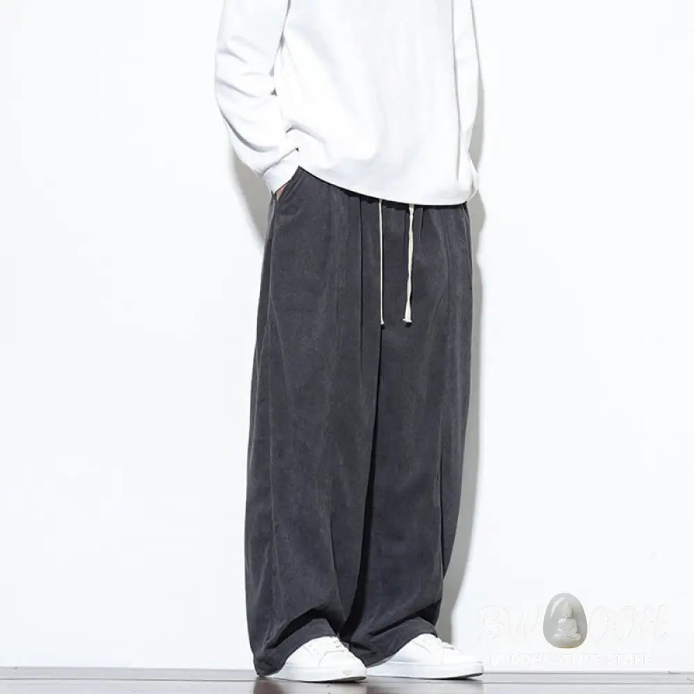 Buddha Stones Plain Drawstring Pure Cotton Corduroy Men’s Harem Pants With Pockets - Men’s Harem Pants