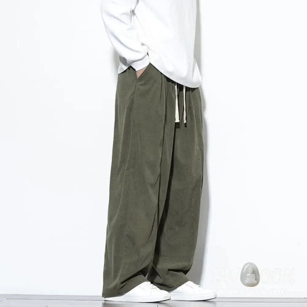 Buddha Stones Plain Drawstring Pure Cotton Corduroy Men’s Harem Pants With Pockets - Men’s Harem Pants