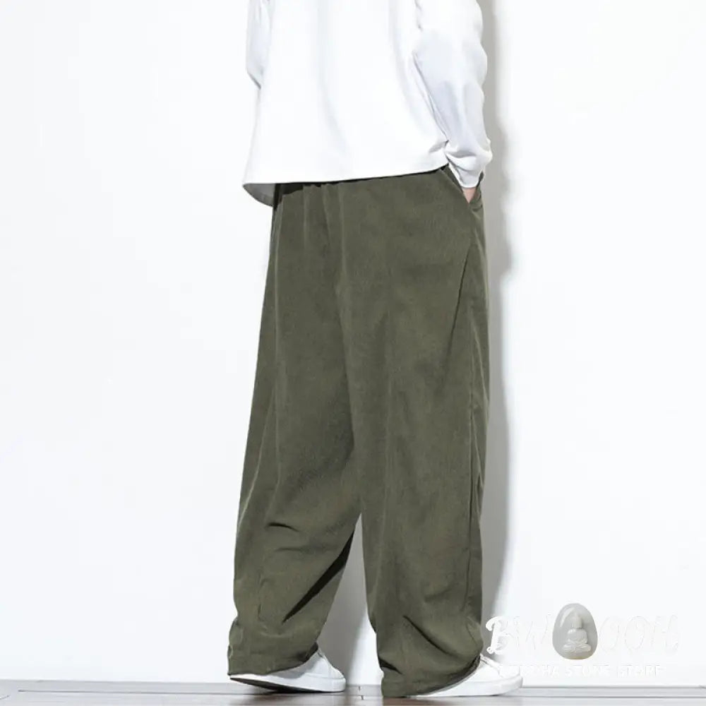Buddha Stones Plain Drawstring Pure Cotton Corduroy Men’s Harem Pants With Pockets - Men’s Harem Pants