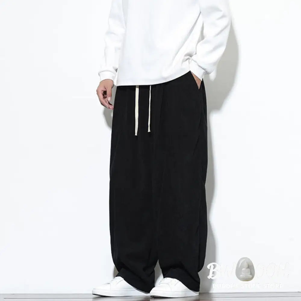 Buddha Stones Plain Drawstring Pure Cotton Corduroy Men’s Harem Pants With Pockets - Men’s Harem Pants