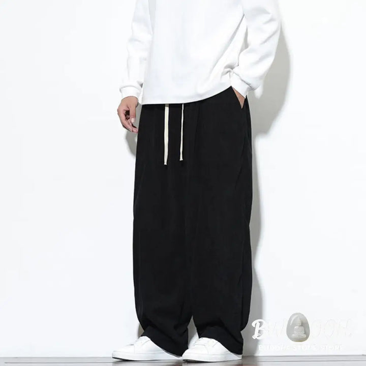 Buddha Stones Plain Drawstring Pure Cotton Corduroy Men’s Harem Pants With Pockets - Men’s Harem Pants