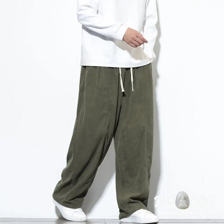 Buddha Stones Plain Drawstring Pure Cotton Corduroy Men’s Harem Pants With Pockets - Men’s Harem Pants